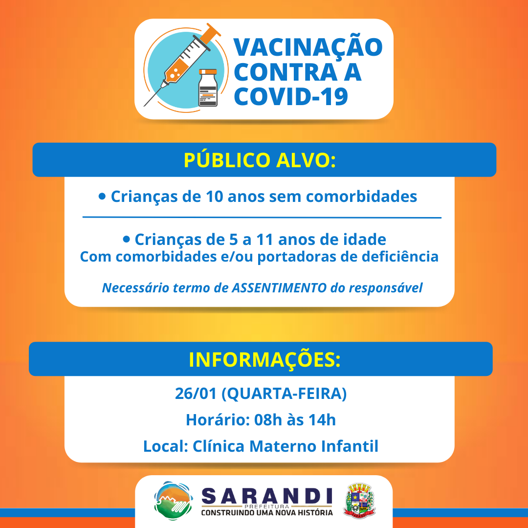 Vacinação Contra Covid-19 - Crianças de 05 a 11 anos de idade - Quarta-feira (26/01)